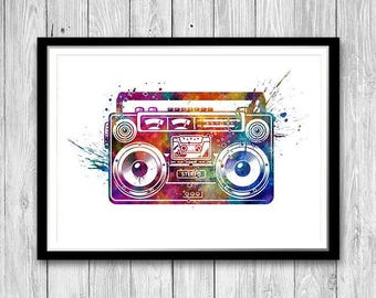 Boombox art print, Retro tape recorder, Music art