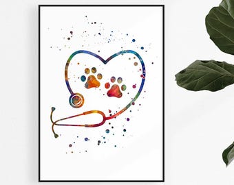 Vet Office Wall Decor, Veterinarian Stethoscope Watercolor Print, Gift Idea for Veterinary Doctor