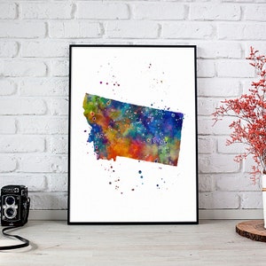 Montana Map Aquarelldruck, Lebendiges Mehrfarbiges Kunstwerk für Home Office Wandkunst Dekor, State of MT Poster für Kinderzimmer Innenraum