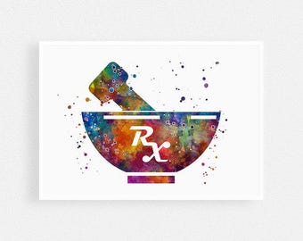 Pharmacist Gift, Pestle and Mortar Colorful Watercolor Print, Pharmacy Technician office wall art decor, apothecary wall hanging