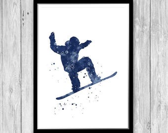 Snowboarding gift for snowboarder Navy blue boys room decor Sports art watercolor print
