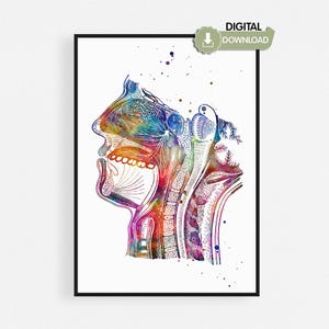 May include: A colourful watercolour illustration of a human head and neck profile, depicting the anatomy of the throat, mouth, and nasal passages. The artwork features a vibrant colour palette, with the text "DIGITAL DOWNLOAD" in the upper right corner.