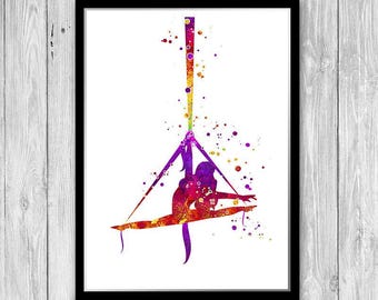 Aerial Silks, Aerial Yoga Gift Watercolor Art Print, Sport Aerial Silk Gymnastics Dancing Club Decor, Circus Art