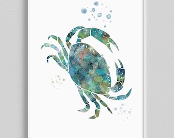 Coastal Crab Watercolor Art Print - Beach House Decor - Nautical bathroom wall decor