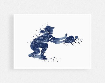 Softball Player Wall Art - Navy blue softball art print for Teen Girl Bedroom Decor