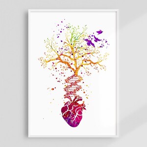 Stampa artistica ad acquerello con albero del DNA del cuore, illustrazione anatomica colorata, decorazione per la stanza dell'infermiera scolastica, poster medico da parete per l'ufficio del cardiologo