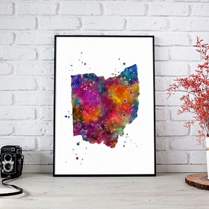 Stampa ad acquerello con mappa dell'Ohio / Opera d'arte vivace multicolore per la decorazione della parete di casa o ufficio / Poster geografico per l'aula scolastica