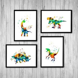 Dinosaur Set of 4 Watercolor Prints Kids Room Wall Art T-rex Triceratops Painting Poster Paleontology Art