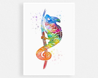 Colorful Chameleon Art Watercolor Print, Reptile Art, Home Decor