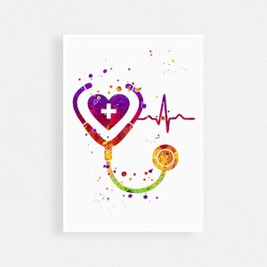 Decoración de la oficina de la enfermera de la escuela, arte de la pared de la sala de enfermería con estampado de estetoscopio de acuarela multicolor, decoración de la sala de espera de la clínica de cardiología