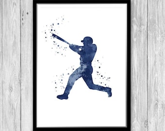 Baseball Art, Baseball Decor For Boys Room, Blue Watercolor Baseball Player Art Print, Softball Poster, Sports art for kids room