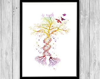 DNA Tree Watercolor Art Print Science Art DNA Tree of Life DNA molecule and family tree abstract genetic print biology art gift for teacher