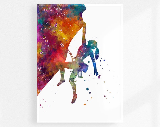 Rock climbing art, Climber girl watercolor print, Extreme sport poster, Climber women gift