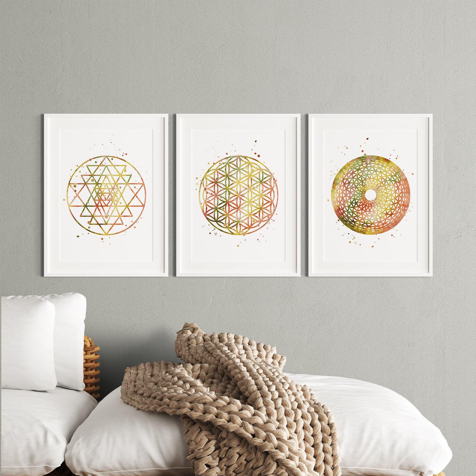 Sacred Geometry Art Set of 3 Watercolor Prints | Sri Yantra, Flower of ...