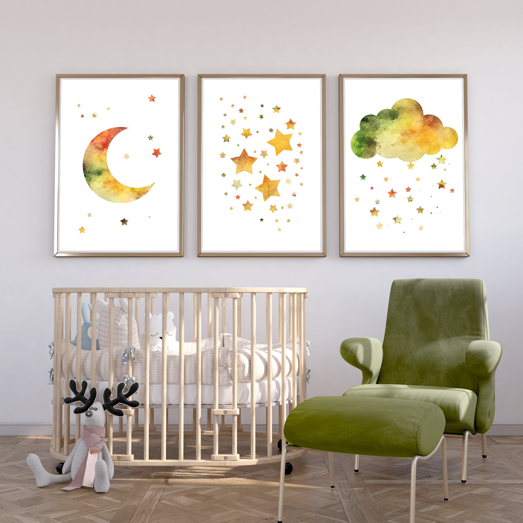 Moon Stars and Cloud nursery decor, Multicolored Set of 3 Watercolor Prints for bedroom, Celestial theme gender neutral artwork for kid room