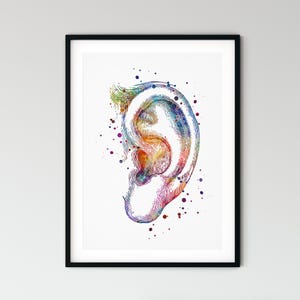 May include: A framed watercolor print of a human ear, showcasing anatomical details. The artwork features a vibrant color palette of blues, purples, yellows, and reds, with scattered paint splatters. The ear is depicted in a side profile against a white background.