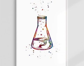 May include: Watercolor illustration of a laboratory Erlenmeyer flask with colorful paint splatters. The flask is filled with a clear liquid and has a conical shape. The artwork features a white background and a white frame.