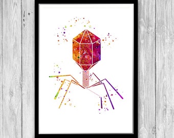 Microbiology Science Art Virus of the Bacteriophage Type Watercolor Print Virologist Gift Biology Student Present Bacteria