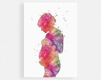 Midwife gift idea, Pregnant woman watercolor print, Nurse Midwife office decor