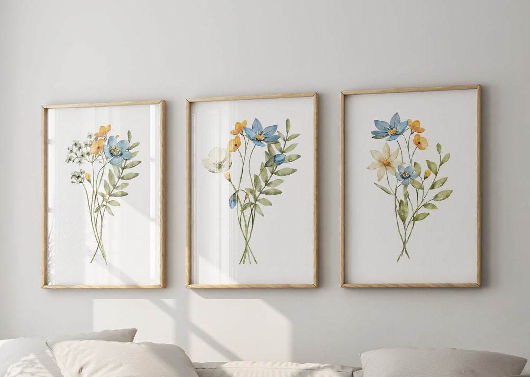 Botanical Wall Art Nursery Decor, Watercolor Wildflowers Set of 3 ...