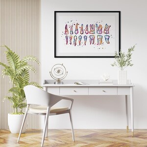 Colorful Watercolor Teeth Chart Print, Dentist Office Wall Art, Dental School Anatomy Poster image 11