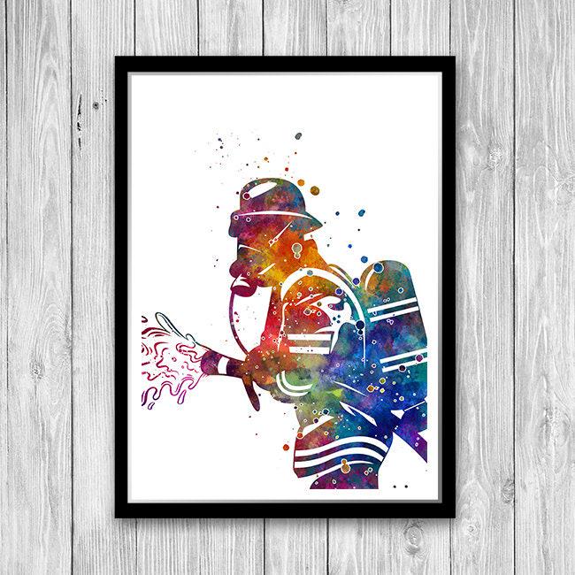 Firefighter Poster, Fireman Colorful Watercolor Artwork, Fire Soldier ...