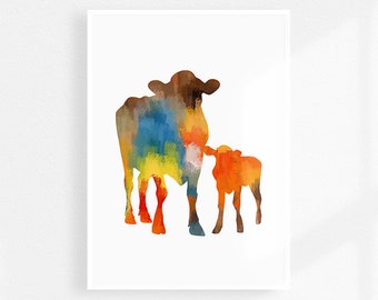 Cow and baby print, Cow and calf watercolor art print, farmhouse wall decor