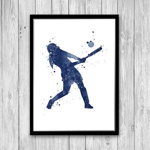 Softball Decor for Girls Room, Navy Blue Watercolor Print, Female ...