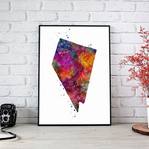 Impression de carte du Nevada, décoration d'art mural aquarelle multicolore pour chambre d'enfant, chambre d'enfant, décoration de bureau à domicile, affiche de géographie pour bureau d'étudiant