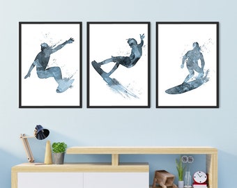 Surfing Art Surf Watercolor Painting Prints Beach Decor Boys Room Wall Art Surfer Gift, Christmas Gift Set of 3