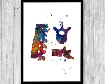 Spine Structure, Vertebral Bone, Skeletal System, Watercolor Print Doctor Office Decor Anatomy Art, orthopedic surgeon gift