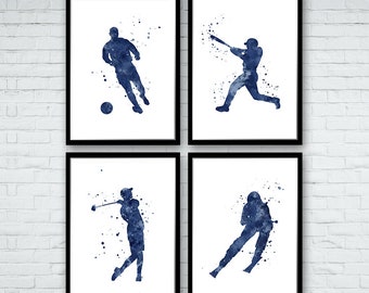 Navy blue wall art for Boys room decor | Set of 4 Sports prints