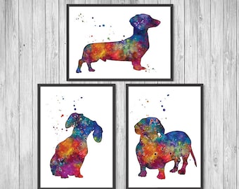 Dachshund Art Set of 3 Watercolor Prints Home Decor Wall Art