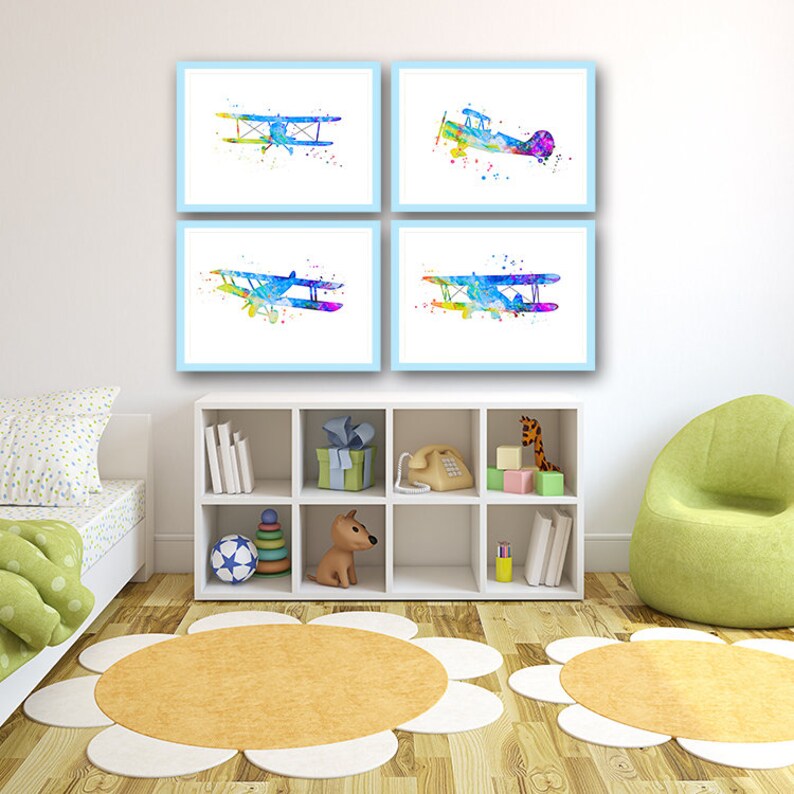 Airplane Nursery Wall Art Set of 4 Watercolor Prints for Boys Etsy