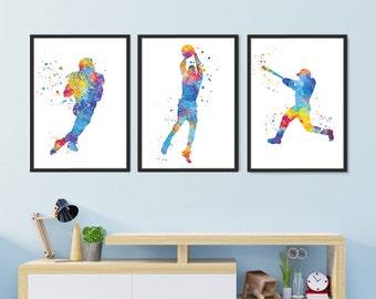 Sports Art Watercolor prints, Set of 3, Football Baseball and Basketball Players, Boys Bedroom Wall Decor