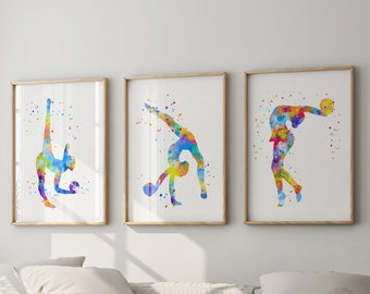 Rhythmic Gymnastics Art, Set of 3 Watercolor Prints, Girls Room Wall Decor, Inspirational Sports Posters