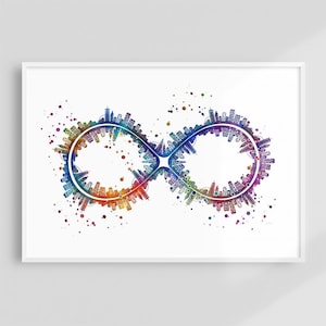 May include: A framed watercolour print depicting an infinity symbol formed by city skylines. The artwork uses a vibrant palette of colours, including blue, orange, and purple, set against a white background and framed.