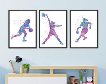 Basketball Watercolor Set of 3 Art Prints, Girl Basketball Player Girls Room Decor, Wall Art Basketball gift for Girl