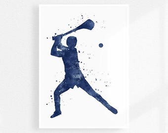 Hurling print, navy blue watercolor wall decor for boys room, Hurling player poster