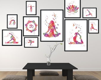 Yoga Print Set of 10 Watercolor Art Prints Yoga Studio Wall Art Decor, Yoga Teacher Birthday Gift, Yoga printable set, Yoga Poses Posters