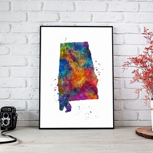 Carte de l'Alabama, oeuvre d'art aquarelle vibrante pour décoration murale, impression multicolore de l'État des États-Unis, affiche AL sur papier d'art ou toile dans de nombreuses tailles