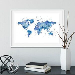 Impression de carte du monde, décoration de bureau à domicile ou de salle de classe d'oeuvre d'art aquarelle bleue, cadeau d'appréciation de professeur de géographie, intérieur de chambre d'enfants