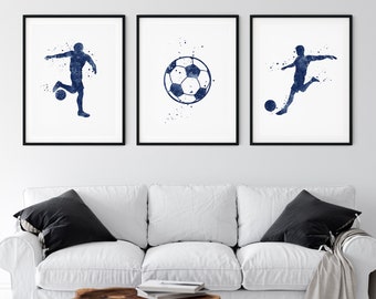 Soccer posters, set of 3 navy blue watercolor prints, soccer player wall art for boys room