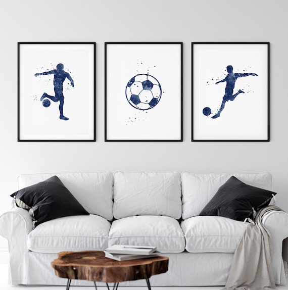 Soccer posters, set of 3 navy blue watercolor prints, soccer player wall art for boys room
