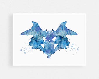 Psychiatry Art Blue Watercolor Print, Rorschach Inkblot wall art for Psychologist Office Decor