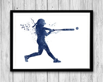 Softball Art Blue Watercolor Print Gift for Player, Girls Room Wall Decor