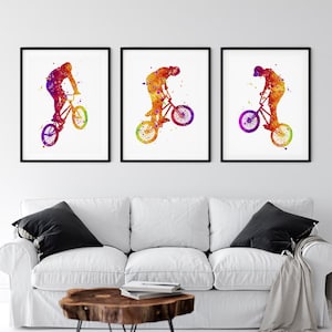 Stampe ad acquerello di motocross in bicicletta, set di 3 poster per la decorazione artistica da parete della stanza dei ragazzi adolescenti, opera d&#39;arte di ciclista maschio Vibrat, trucchi per moto da acrobazie