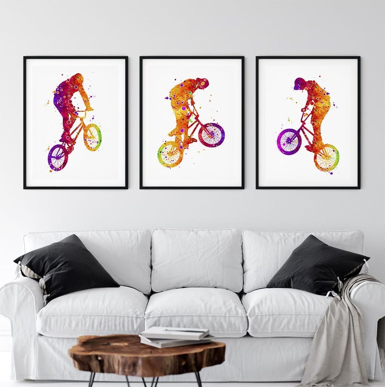 Bicycle Motocross Watercolor Prints, Set of 3 Posters for Teen Boy Room Wall Art Decor, Male Bicycle Rider Vibrat Artwork, Tricks Stunt Bike