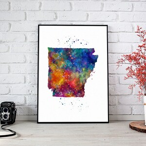 Aquarel print Arkansas kaart, veelkleurige kunstwerken AR USA staat, levendige poster voor kinderkamer kunst aan de muur decor, kinderbureau ruimte muur opknoping