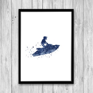 Impresión artística de acuarela azul marino de moto acuática, decoración de pared para habitación de niños